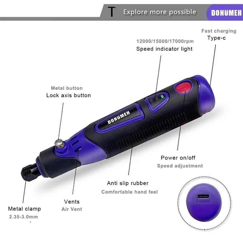 DONUMEH DMSD-100 Cordless Mini Electric Rotary Tool 3-Speed USB Rechargeable Grinder with 82 Accessories for Engraving Polishing Cutting DIY Projects Lightweight — view 4