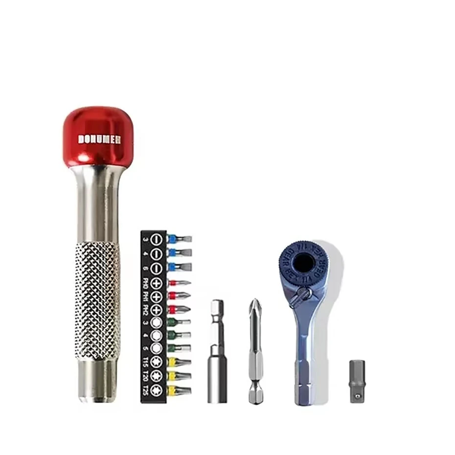 DONUMEH Ratchet Wrench 1/4 Hex Torque Screwdriver Set Stainless Steel Compact EDC Tool Quick Release Socket Wrench S2 Steel Bits High Torque 12Nm Portable Repair Tool