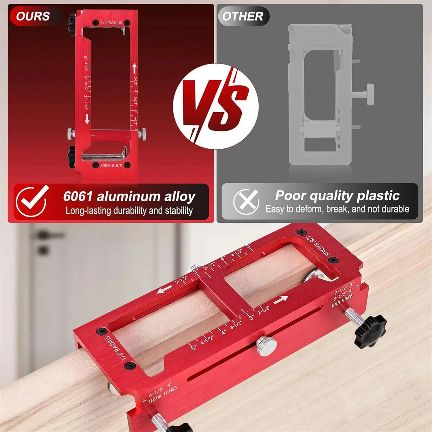 Door Hinge Jig Aluminum Alloy Hinge Drilling Fixture For 2-1/2 Inch To 5 Inch Mortises Woodworking Installation Tool — view 5