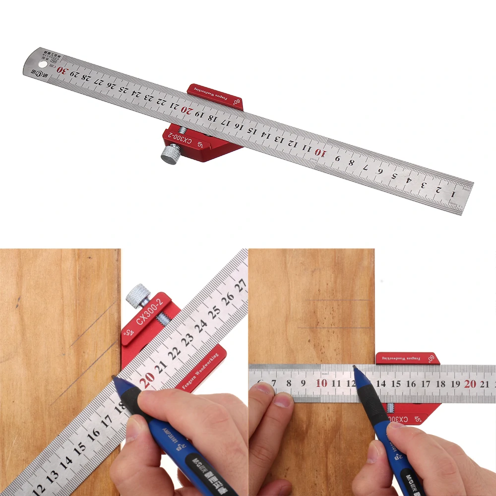 Drillpro CX300-2 Adjustable 45/90 Degree Metric and Inch Line Scribe Ruler Positioning Measuring Ruler 300mm Marking Ruler Woodworking Tool — FONSON TOOLS