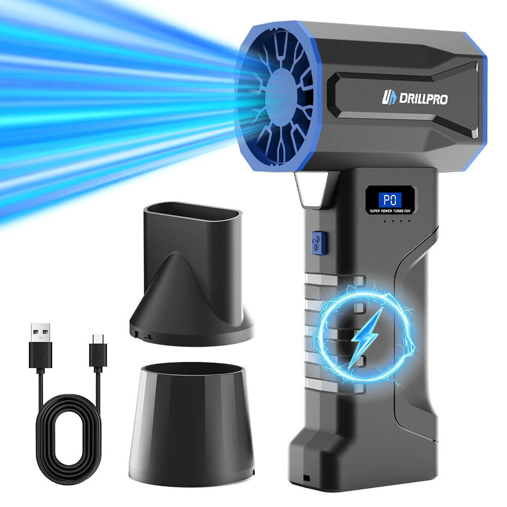 Drillpro V8 Turbo Fan 60,000RPM 53mm Brushless Motor 1200g Wind Pressure Adjustable High Power Cordless Blower Portable Air Duster for PC Car Leaf Cleaning — image 1