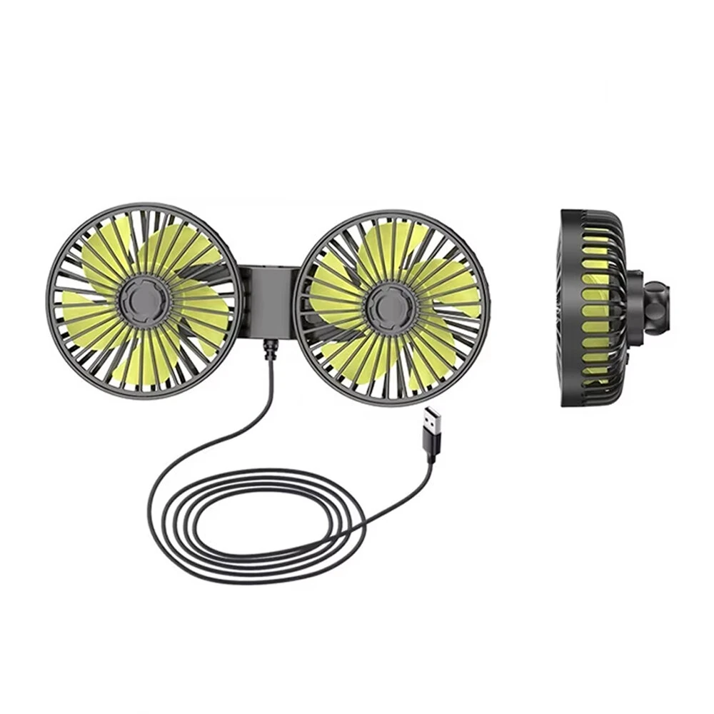Dual-Head Rear-Seat Car Fan 360° Rotatable USB Rechargeable 3 Speed Adjustment 5 Blades Universal Vehicle Cooling Fan — view 2