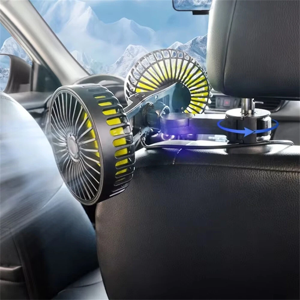 Dual-Head Rear-Seat Car Fan 360° Rotatable USB Rechargeable 3 Speed Adjustment 5 Blades Universal Vehicle Cooling Fan — view 3