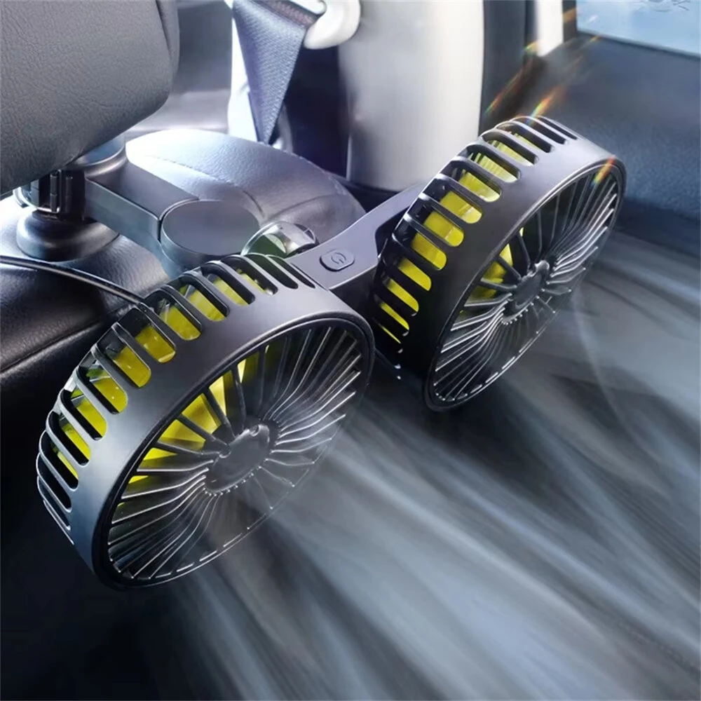 Dual-Head Rear-Seat Car Fan 360° Rotatable USB Rechargeable 3 Speed Adjustment 5 Blades Universal Vehicle Cooling Fan — view 4