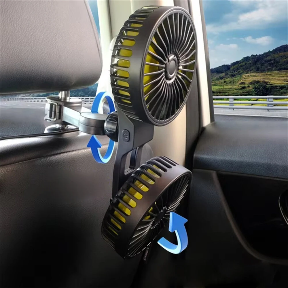 Dual-Head Rear-Seat Car Fan 360° Rotatable USB Rechargeable 3 Speed Adjustment 5 Blades Universal Vehicle Cooling Fan — view 5