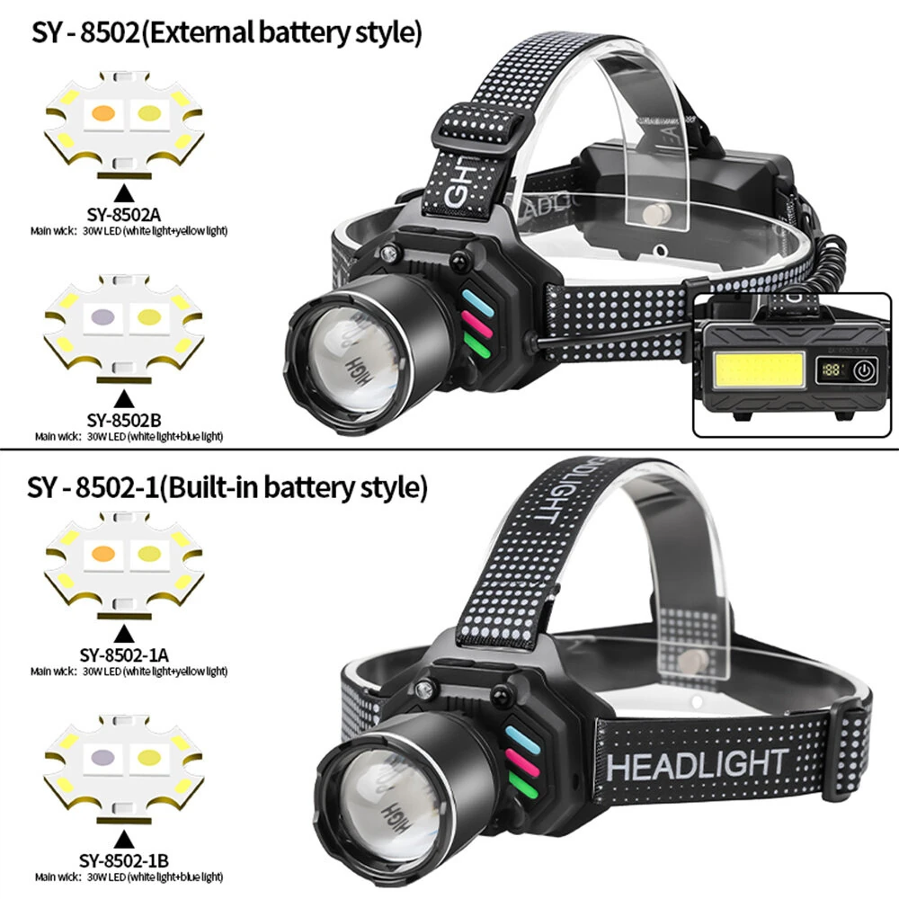 Dual Light Source Zoomable LED Headlight with Sensing Control Function Long-Range LED Headlamp Outdoor Long Endurance Strong Head Light Searchlight — view 4