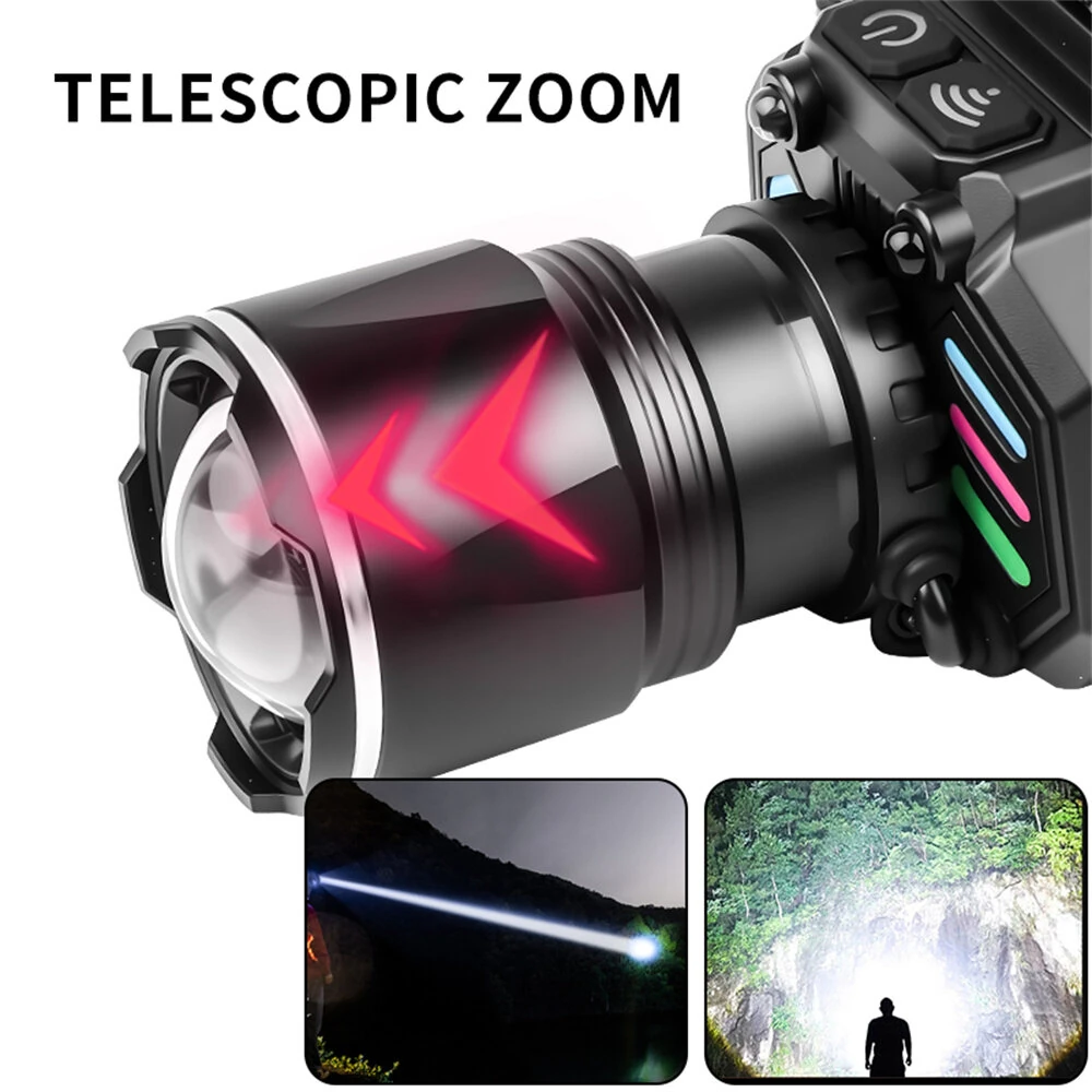 Dual Light Source Zoomable LED Headlight with Sensing Control Function Long-Range LED Headlamp Outdoor Long Endurance Strong Head Light Searchlight — view 5