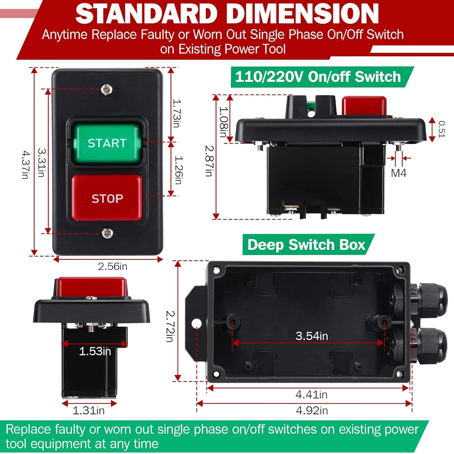 Dual Voltage Single Phase On/Off Switch 2HP/35A 120V 3HP/20A 230V Deep Switch Box Master Shut Off Fast Power Off For Table Saw Router Table Drill Press — view 3