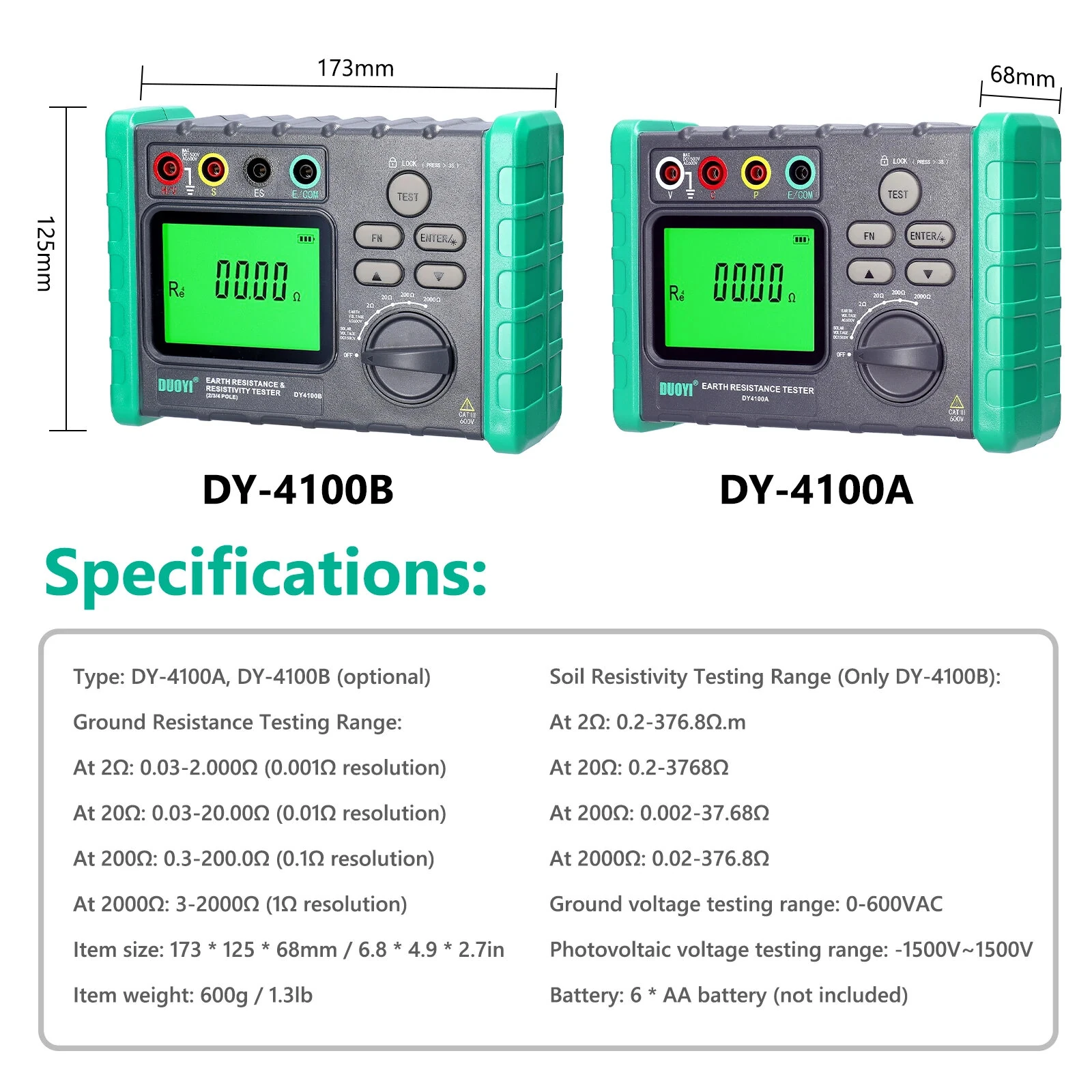DY4100A DY4100B High Accuracy Digital Grounding Resistance Tester Multi Gear Voltage Meter Soil Resistivity Measurement AC DC Photovoltaic Voltage Tester Wide Testing Range Large Backlit Display Screen — view 2