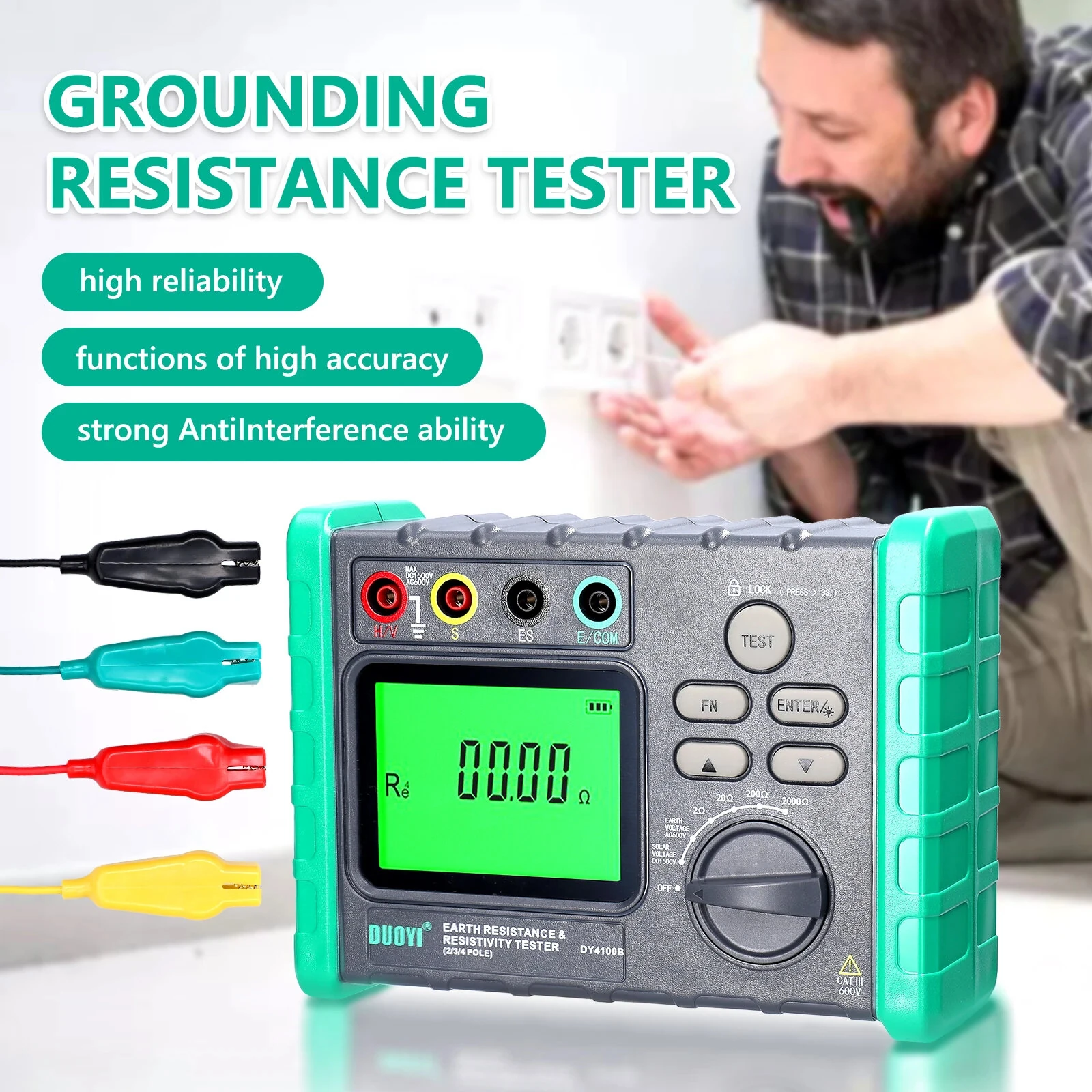 DY4100A DY4100B High Accuracy Digital Grounding Resistance Tester Multi Gear Voltage Meter Soil Resistivity Measurement AC DC Photovoltaic Voltage Tester Wide Testing Range Large Backlit Display Screen — view 3