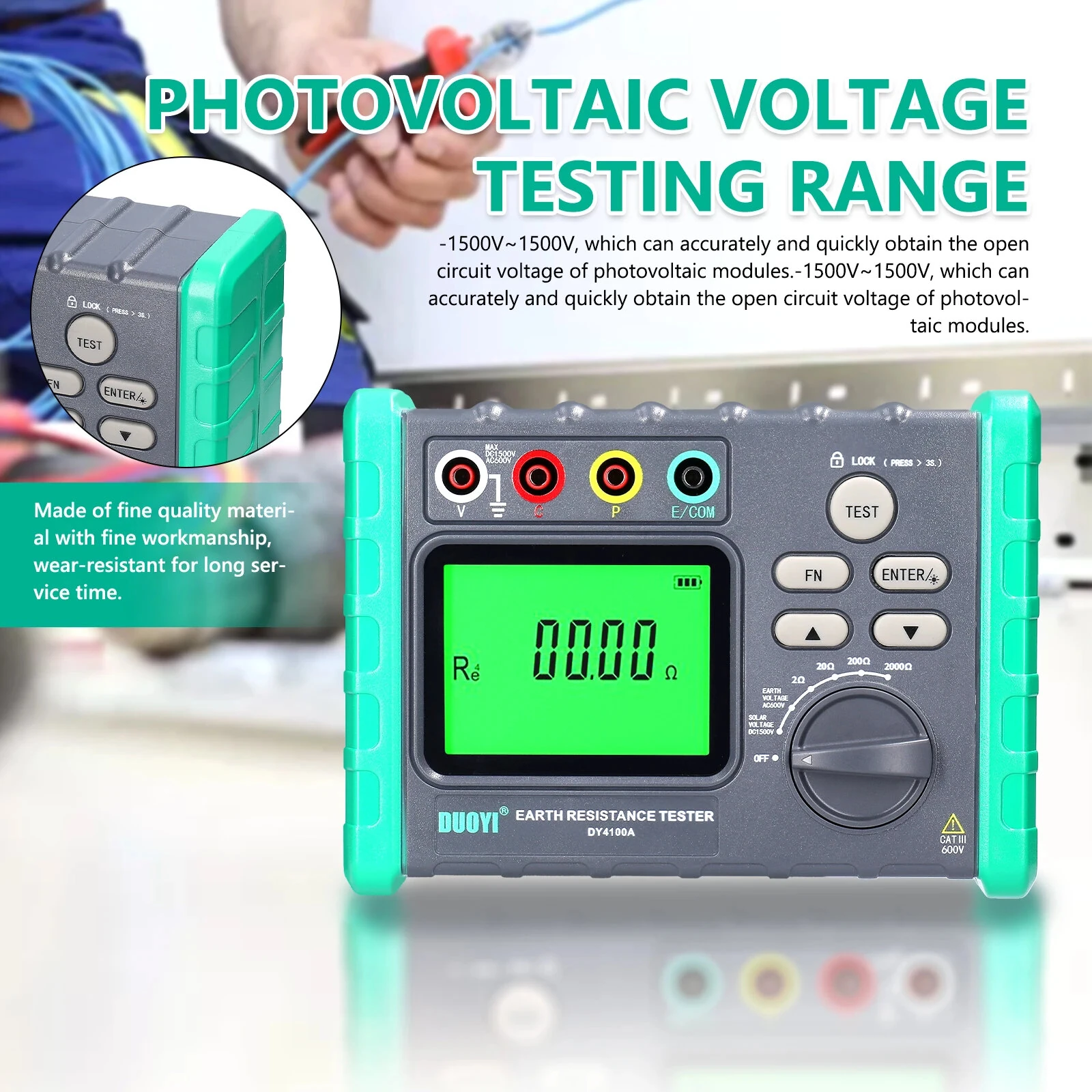 DY4100A DY4100B High Accuracy Digital Grounding Resistance Tester Multi Gear Voltage Meter Soil Resistivity Measurement AC DC Photovoltaic Voltage Tester Wide Testing Range Large Backlit Display Screen — view 4