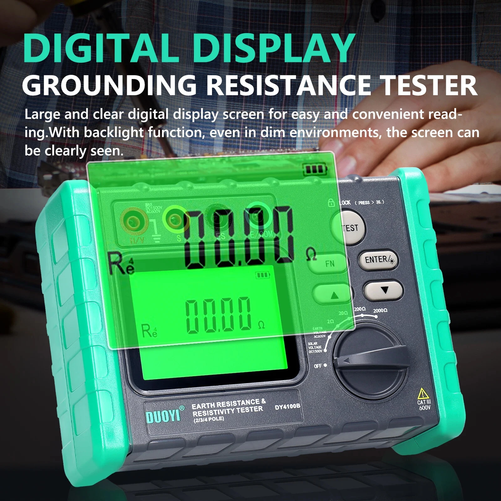 DY4100A DY4100B High Accuracy Digital Grounding Resistance Tester Multi Gear Voltage Meter Soil Resistivity Measurement AC DC Photovoltaic Voltage Tester Wide Testing Range Large Backlit Display Screen — view 5