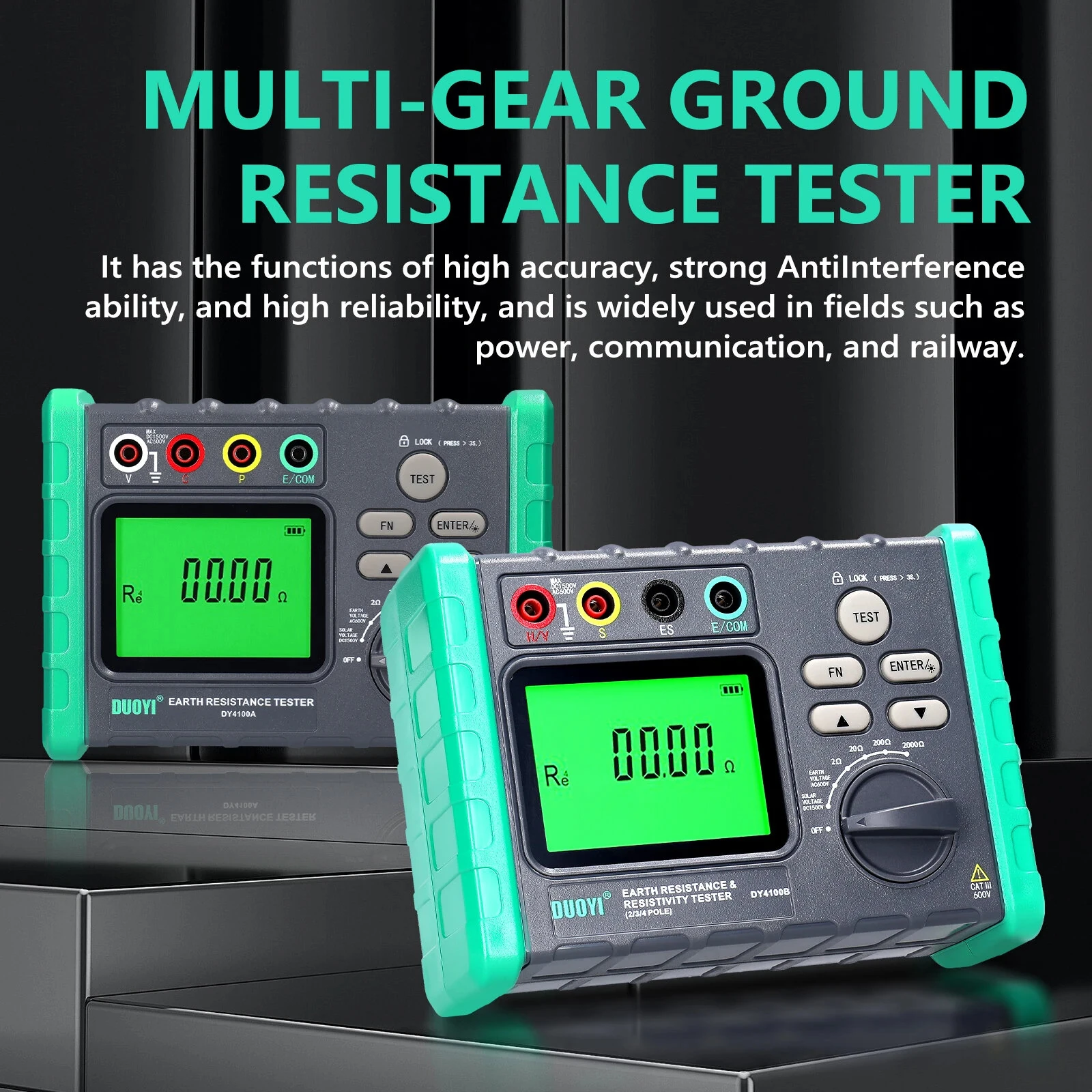 DY4100A DY4100B High Accuracy Digital Grounding Resistance Tester Multi Gear Voltage Meter Soil Resistivity Measurement AC DC Photovoltaic Voltage Tester Wide Testing Range Large Backlit Display Screen — view 6