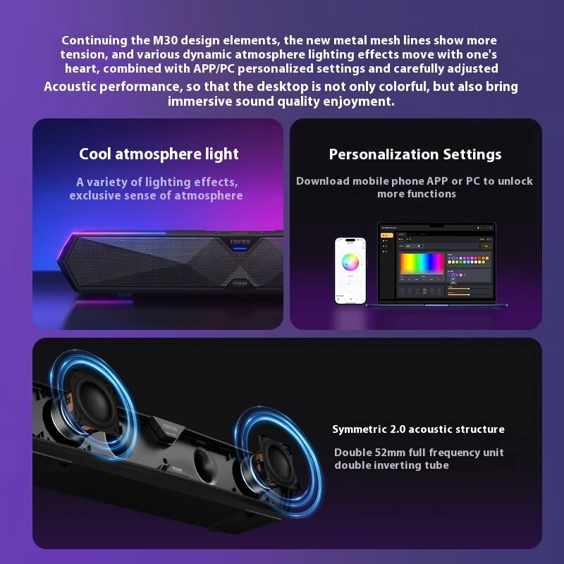 EDIFIER M30 Plus Computer Speaker Wired bluetooth Soundbar Dual 52mm Drivers RGB Light Built-in Microphone 3 Fine-tuned Sound Effect USB Wired Desktop Soundbar — view 4