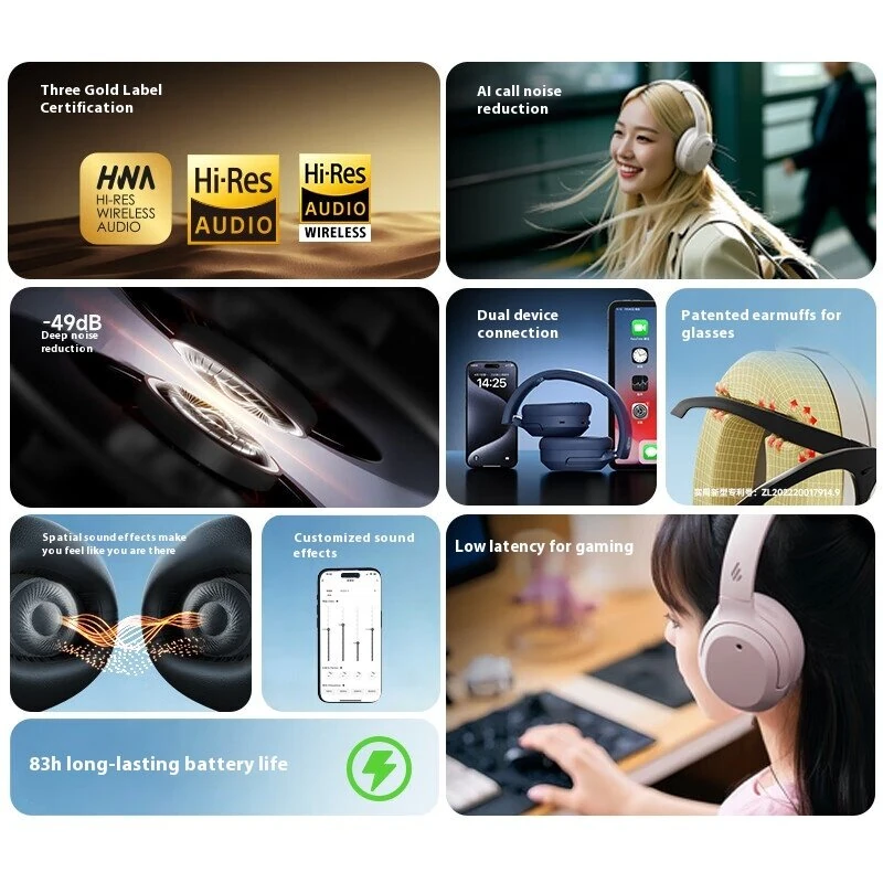 Edifier W820NB Headset Hi-Res bluetooth Headphone -49dB Noise Cancelling AI Call Noise Reduction 40mm Titanium-plated Composite Diaphragm HWA Hi-Res Audio 83H Playback Low Latency Foldable Spoorts Headphones — view 3