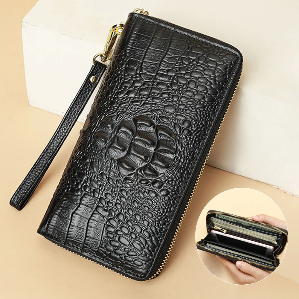 Ekphero Genuine Leather Crocodile Texture Wallet Unisex Long Business Handheld Bag Zipper Card Holder Fashion Cowhide Money Clip Purse