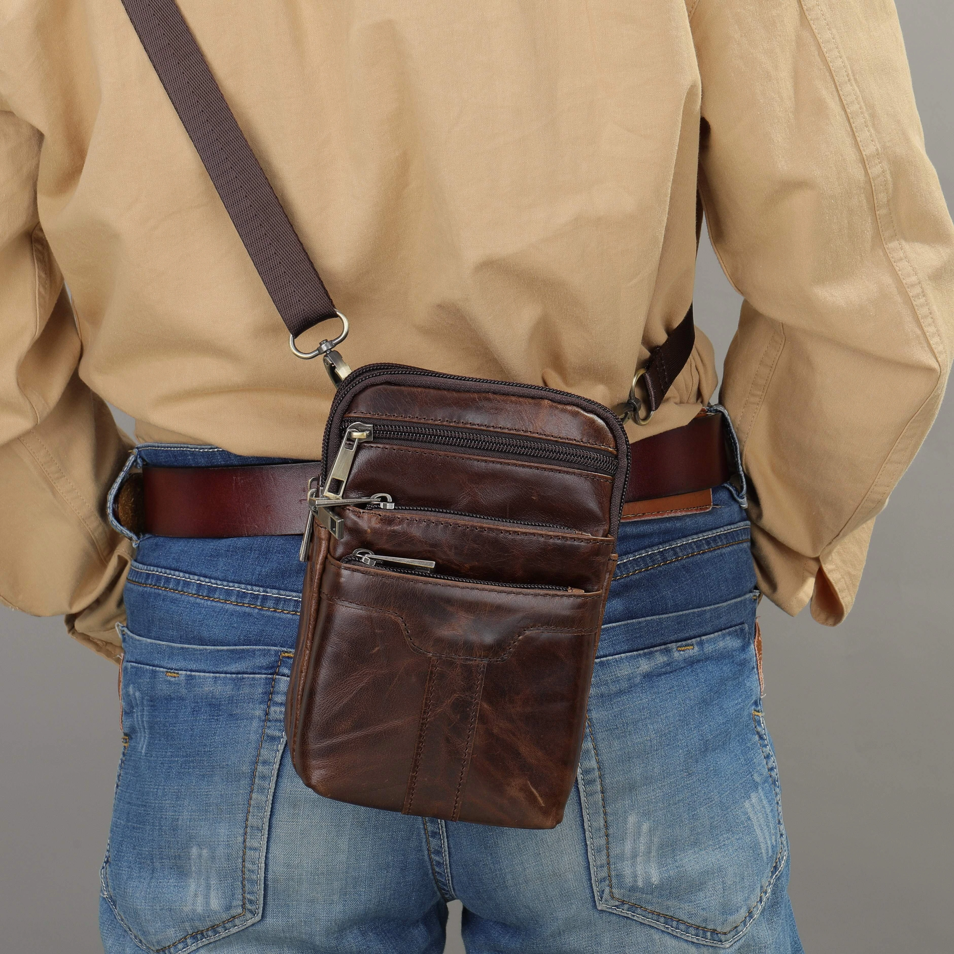 Ekphero Men's Genuine Leather Crossbody Bag with Zipper Mobile Phone Shoulder Bag Small Travel Waist Bag Multi-Pockets Male Belt Waist Packs — view 3