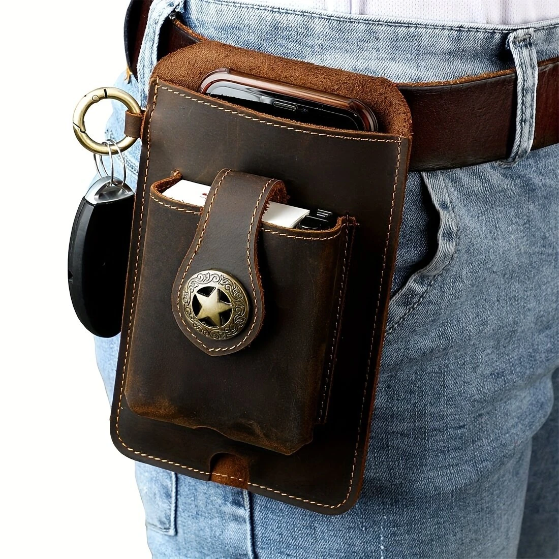 Ekphero Men's Vintage Genuine Leather Belt Bag, Multifunctional Waist Bag with Key Hook, Mobile Phone Bag For Work Outdoor Sports