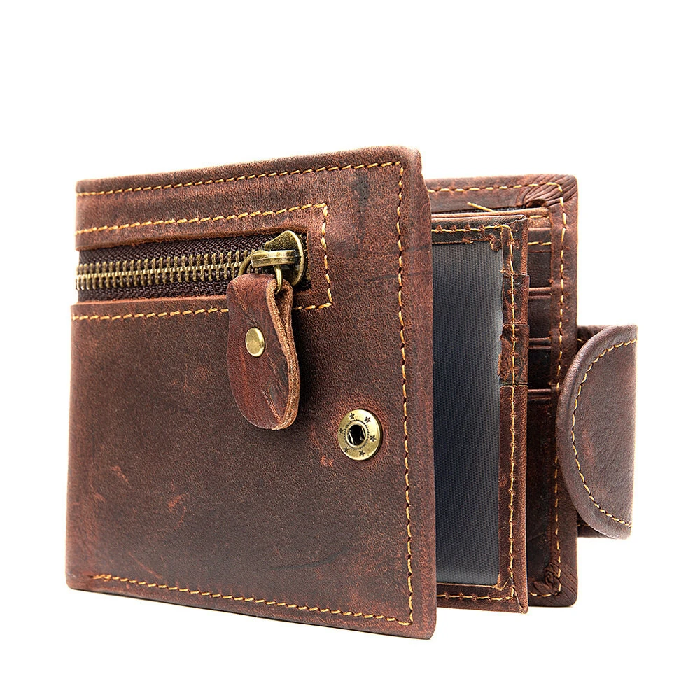 Ekphero Men's Vintage Genuine Leather Short Wallet with Zipper Pocket and Snap Closure Stylish Bifold Multi-Card Holder Coin Purse Money Clip