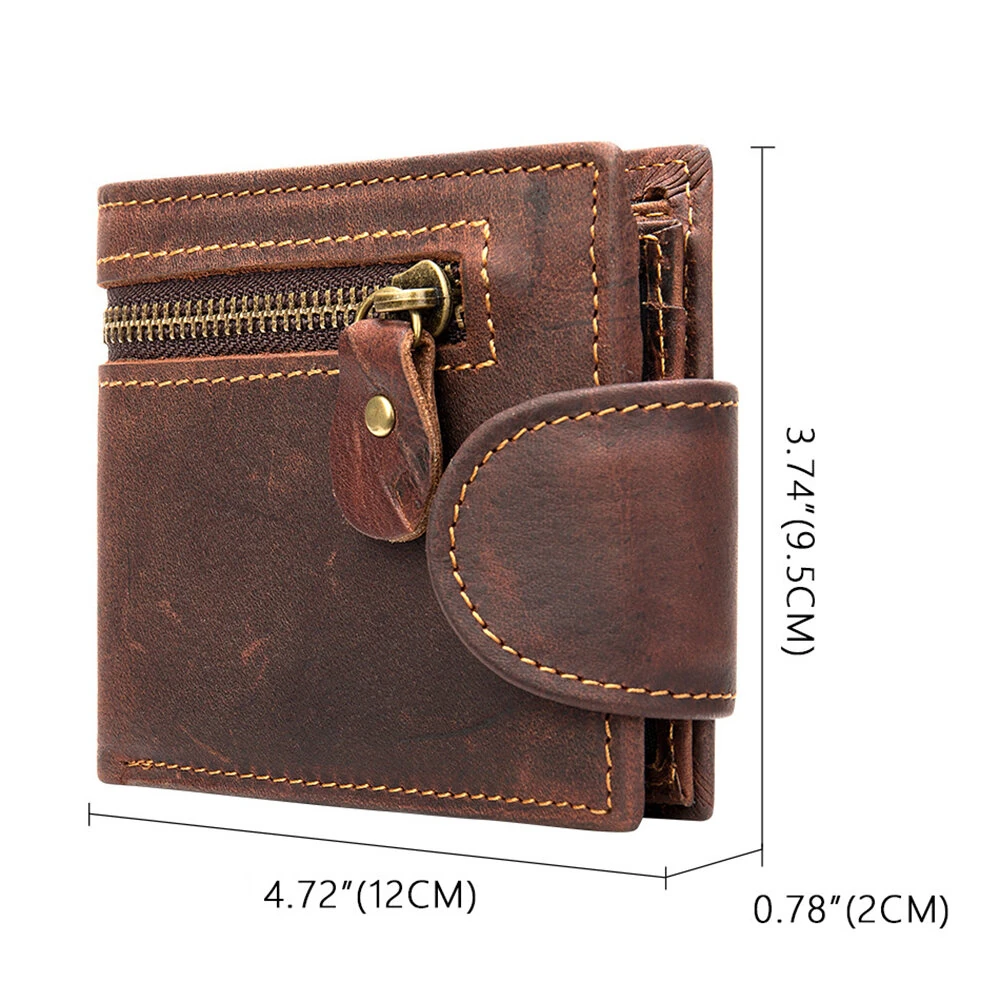 Ekphero Men's Vintage Genuine Leather Short Wallet with Zipper Pocket and Snap Closure Stylish Bifold Multi-Card Holder Coin Purse Money Clip — view 4