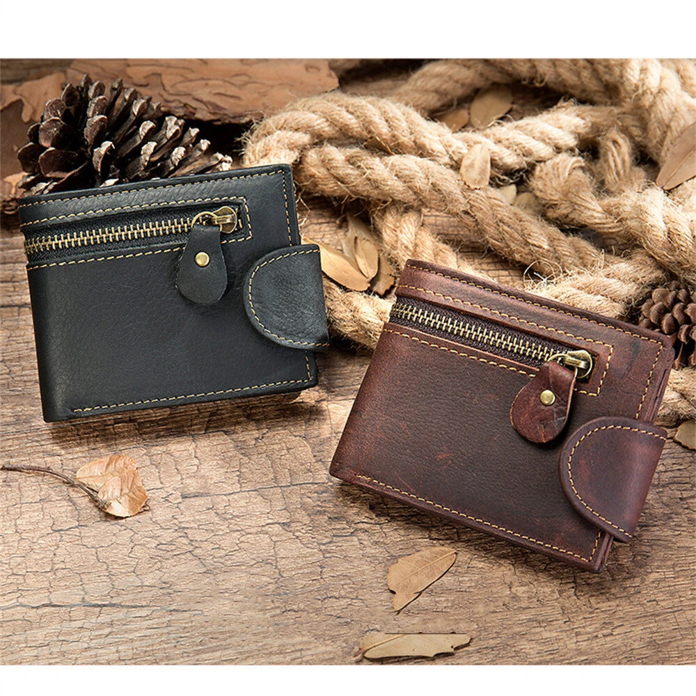 Ekphero Men's Vintage Genuine Leather Short Wallet with Zipper Pocket and Snap Closure Stylish Bifold Multi-Card Holder Coin Purse Money Clip — view 6