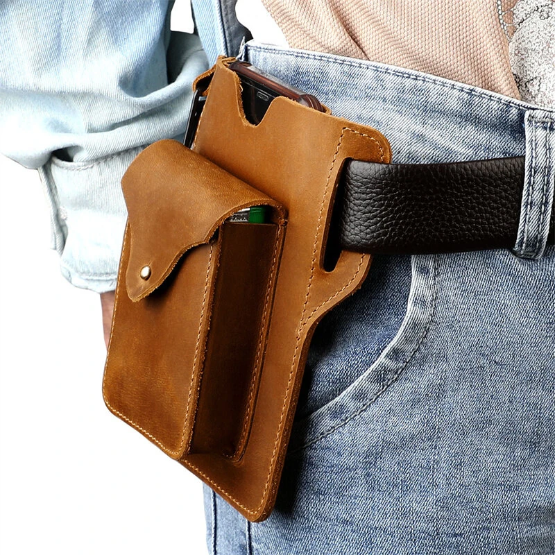 Ekphero Retro Men's Waist Bag Genuine Leather Belt Bag Key Waist Work Pocket Phone Bag for Belt Wearable Holster