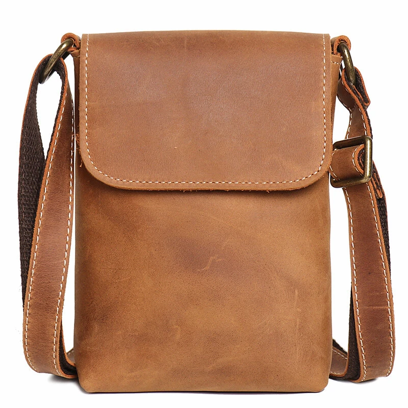 Ekphero Retro Simple Cowhide Leather Crossbody Bag Mini Flip Magnetic Buckle Men's Shoulder Bag Organizer Bag fits 6.7 Inch Phone Keys Accessories