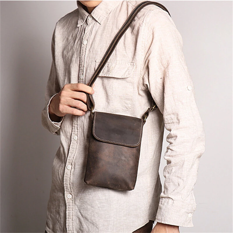 Ekphero Retro Simple Cowhide Leather Crossbody Bag Mini Flip Magnetic Buckle Men's Shoulder Bag Organizer Bag fits 6.7 Inch Phone Keys Accessories — view 9