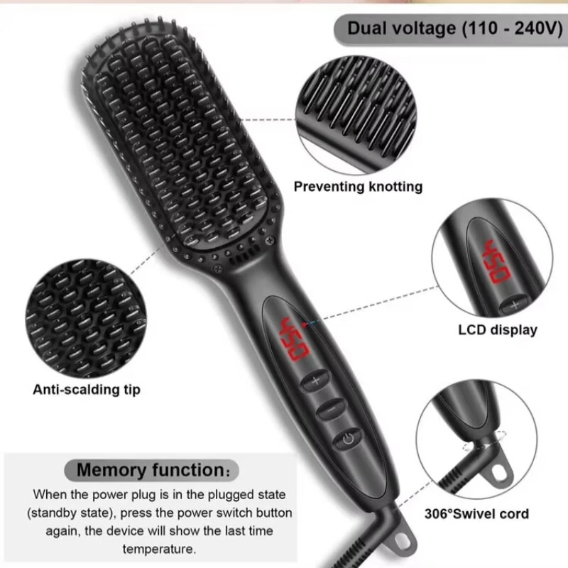 Electric Beard Hair Straightener Brush 12 Heat Settings Adjustable Fast Heating Anti-Scald Design Hair Comb with LCD Display — view 3