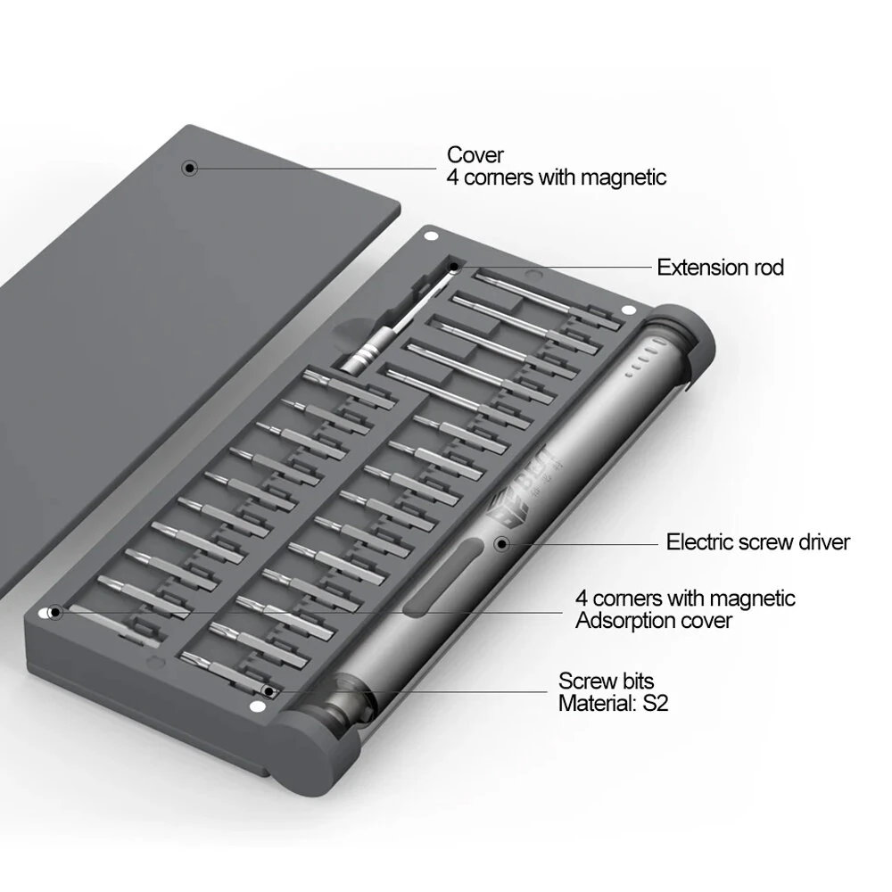Electric Screwdriver Set 57-In-1 Rechargeable Cordless S2 Steel Bits Magnetic Pad Magnetizer Magnetic Adsorption Case Gray — view 2