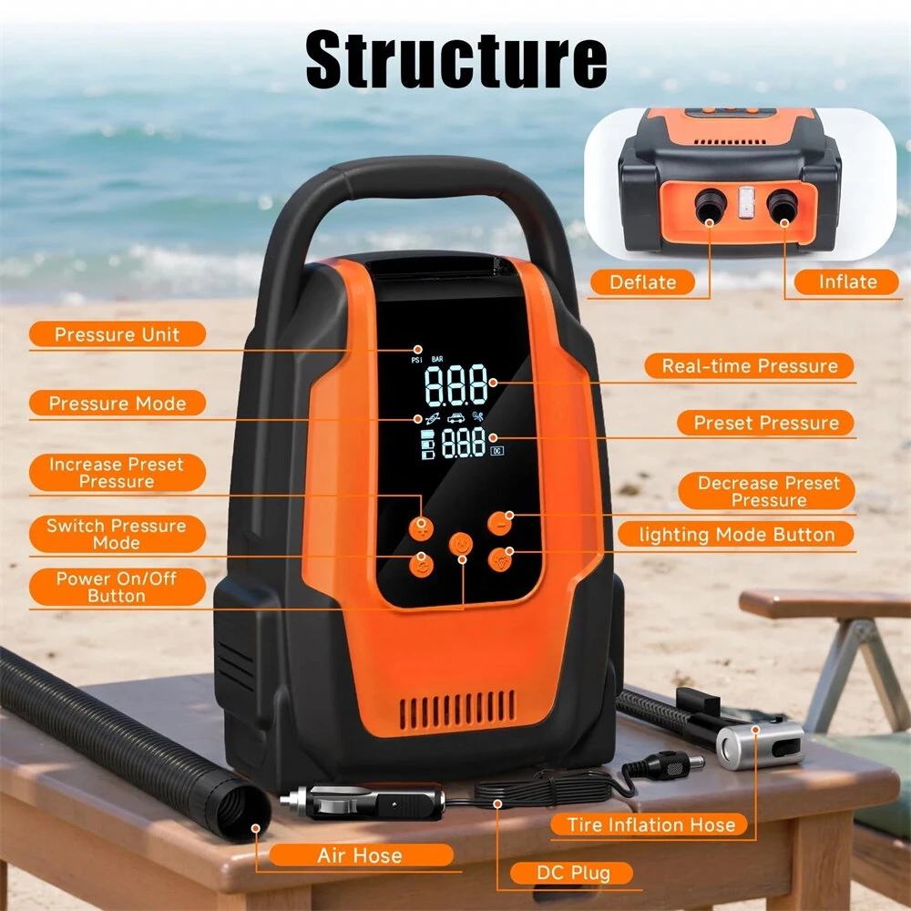 Electric SUP Air Pump 20 PSI High Pressure Portable Inflator Deflator Quick Inflation with Auto-Off 12V DC for Stand Up Paddle Boards Boats Car Tires — view 8