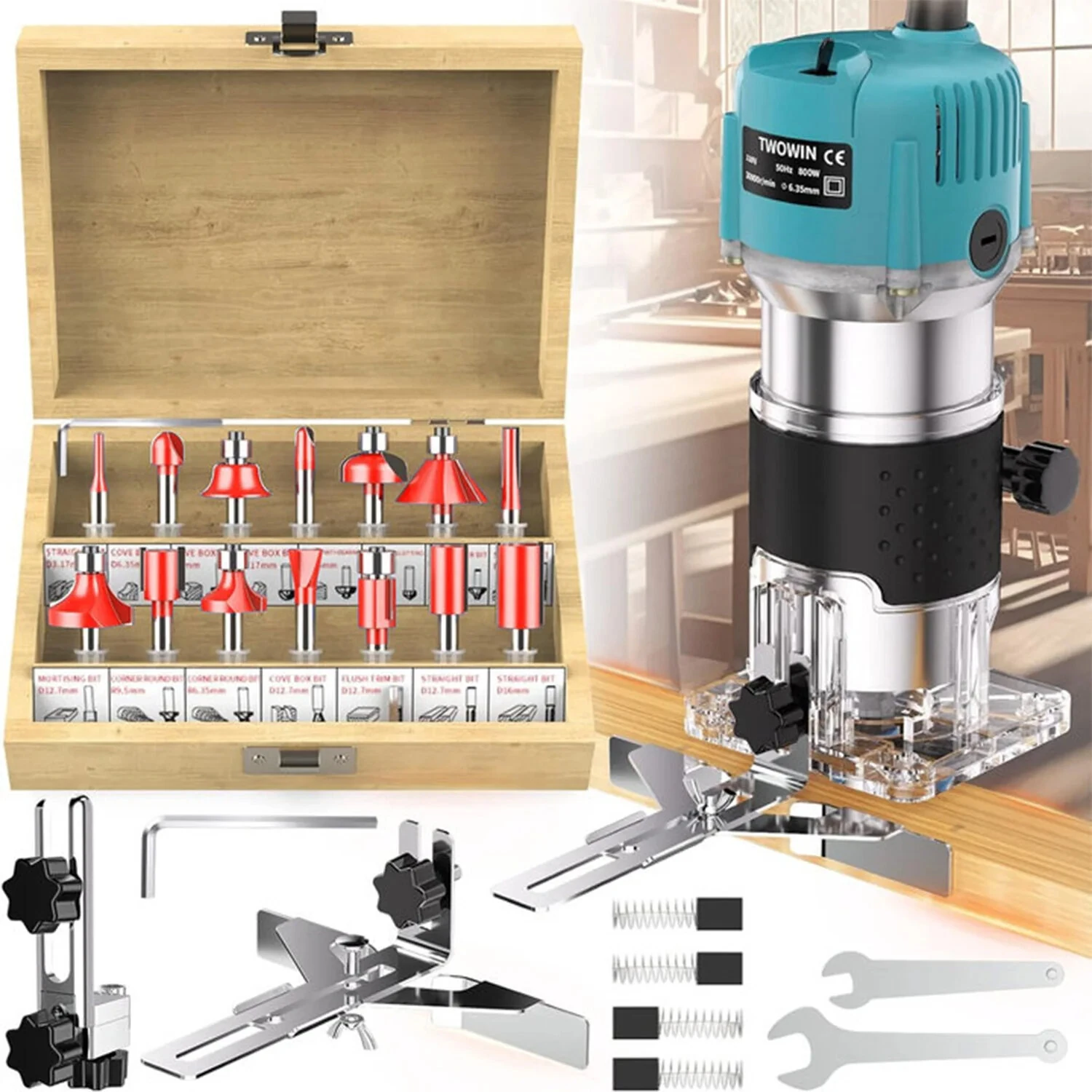 Electric Trimmer Wood Router 800W 30000RPM with 15 Tungsten Carbide Router Bits High Precision Transparent Base for Woodworking Grooving Trimming Carving — image 1