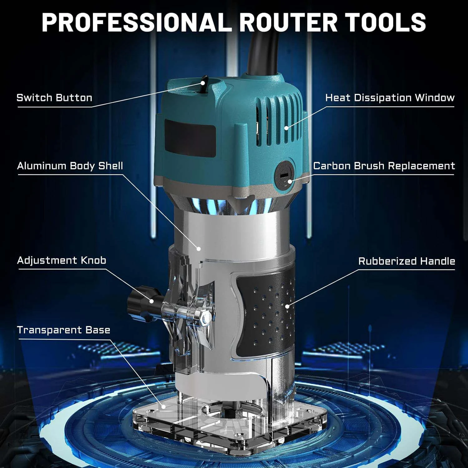 Electric Trimmer Wood Router 800W 30000RPM with 15 Tungsten Carbide Router Bits High Precision Transparent Base for Woodworking Grooving Trimming Carving — view 4