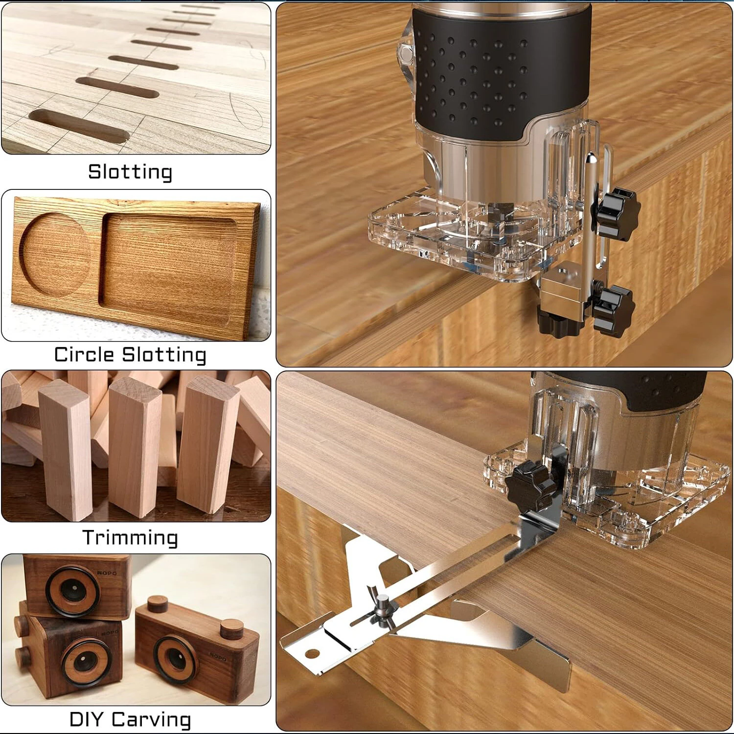 Electric Trimmer Wood Router 800W 30000RPM with 15 Tungsten Carbide Router Bits High Precision Transparent Base for Woodworking Grooving Trimming Carving — view 5