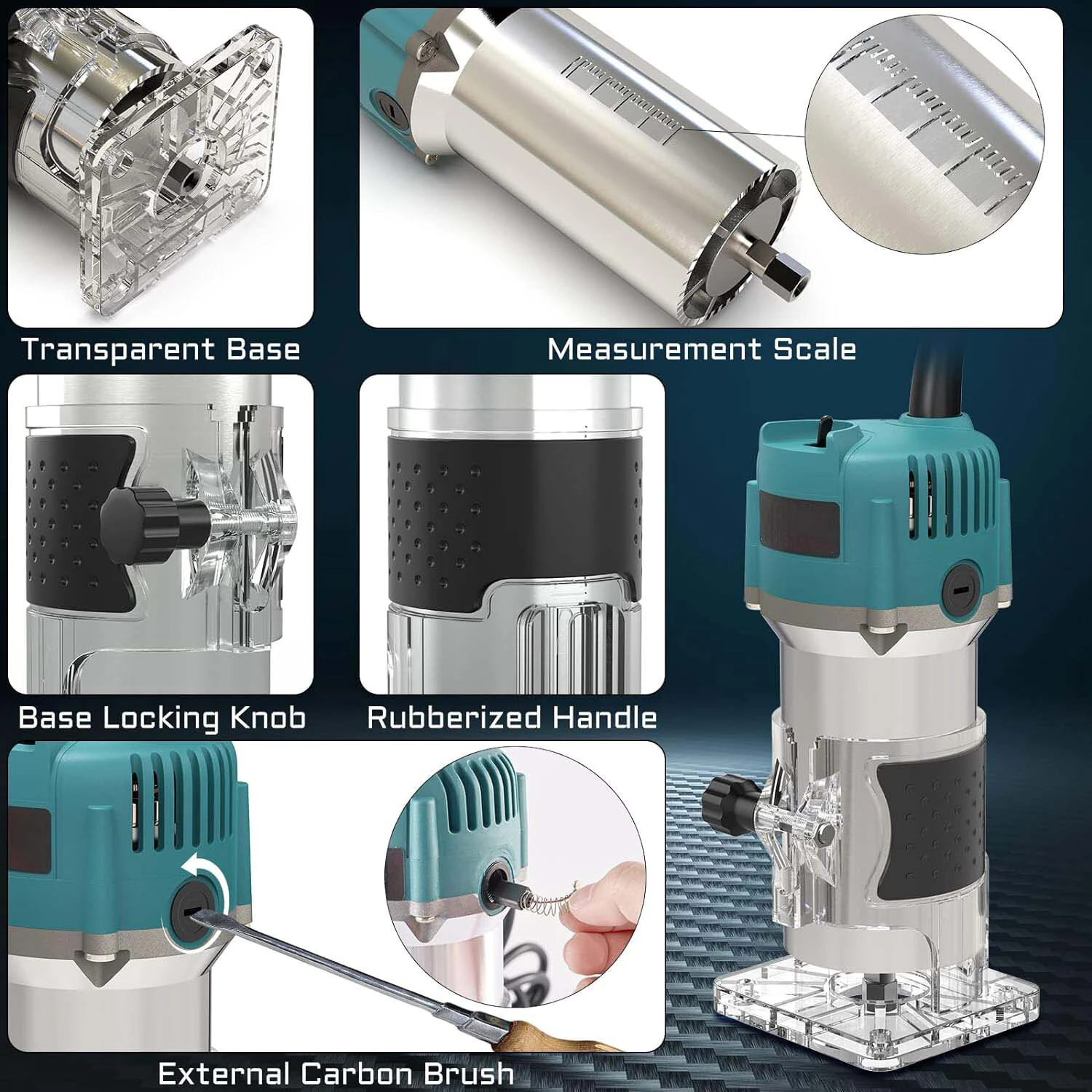 Electric Trimmer Wood Router 800W 30000RPM with 15 Tungsten Carbide Router Bits High Precision Transparent Base for Woodworking Grooving Trimming Carving — view 6