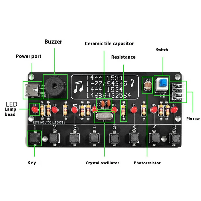 Electronic Piano Kit 8-key Interface Three-tone 14 built-in Songs LED Lighting Effect 5V Power Supply DIY  Music Module Learning Kit — view 2