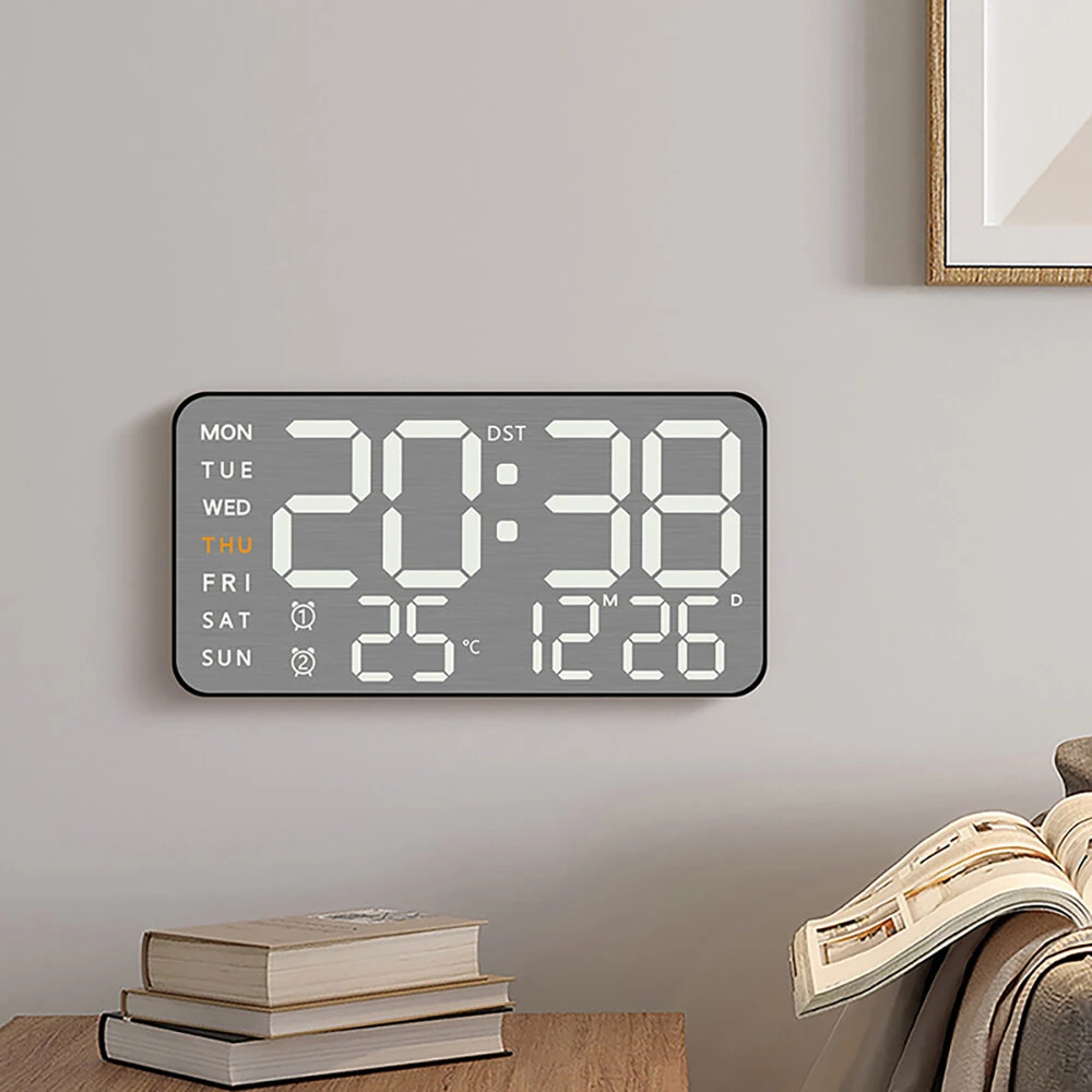 Electronic Wall Clock Temperature Humidity Display Metal Brushed Multifunctional Wall Clock Digital LED Electronic Alarm Clock — view 2