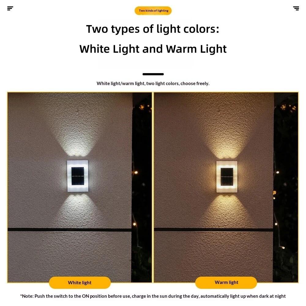 Elfeland 2Pcs 6LED Solar Wall Washer Light 2 Colors Lighting Auto On/Off Waterproof Dual-Side Design 600mAh Battery Solar Power Lamp for Garden Courtyard Landscape — view 4