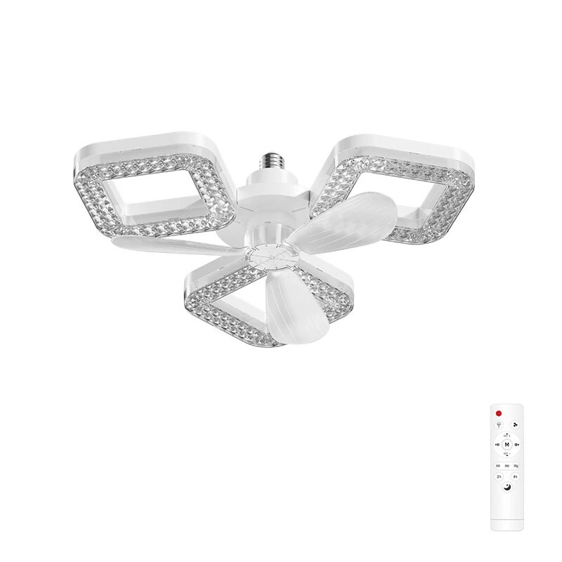 Elfeland 3/4-Head E27 LED Crystal Ceiling Fan Light 3 Color Temperature 2/4H Timer 3 Levels Speed Adjustable Fan Lamp Remote Control for Indoor Rooms
