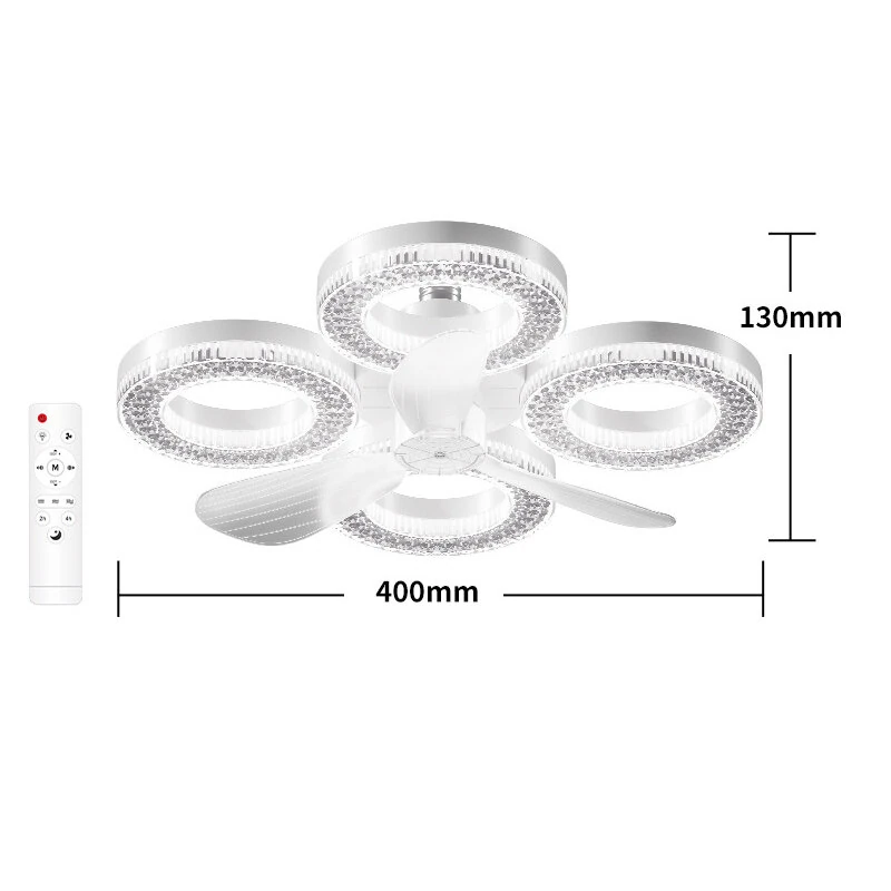 Elfeland 3/4-Head E27 LED Crystal-Inspired Ceiling Fan Light 3 Color Temperature 2/4H Timer 3 Levels Speed Adjustable Fan Lamp Remote Control for Indoor Rooms — view 7