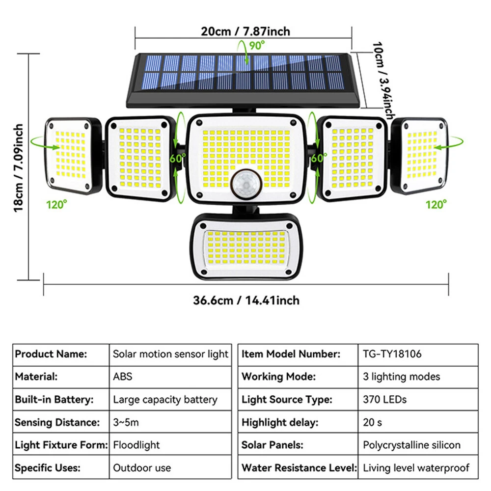 Elfeland 370 LED 6 Head Outdoor Solar Light, Motion Sensor, Wide-Angle Flood Illumination, Waterproof Outdoor Solar Lamp for Yard, Garden, Fence & Pathways — view 10