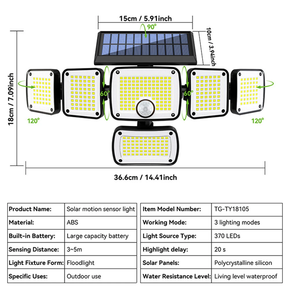 Elfeland 370 LED 6 Head Outdoor Solar Light, Motion Sensor, Wide-Angle Flood Illumination, Waterproof Outdoor Solar Lamp for Yard, Garden, Fence & Pathways — view 9
