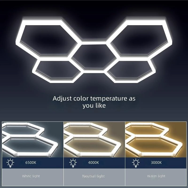 Elfeland 5-Cell Garage Lights Hexagon Lamp 3 Color Temperatures LED Tube Honeycomb Barbershop Ceiling Lighting For Workshop 4S Car Show Auto Body Repair Gym — view 4
