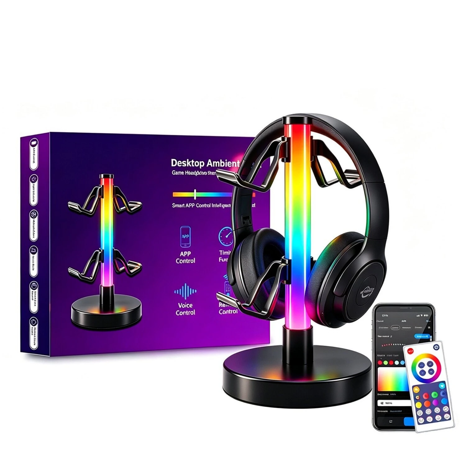 Elfeland Desktop RGB Headset Stand 17 Light Modes Controller Holder w/ USB LED Music Pickup Atmosphere Lamp Headset Game Handle Bracket