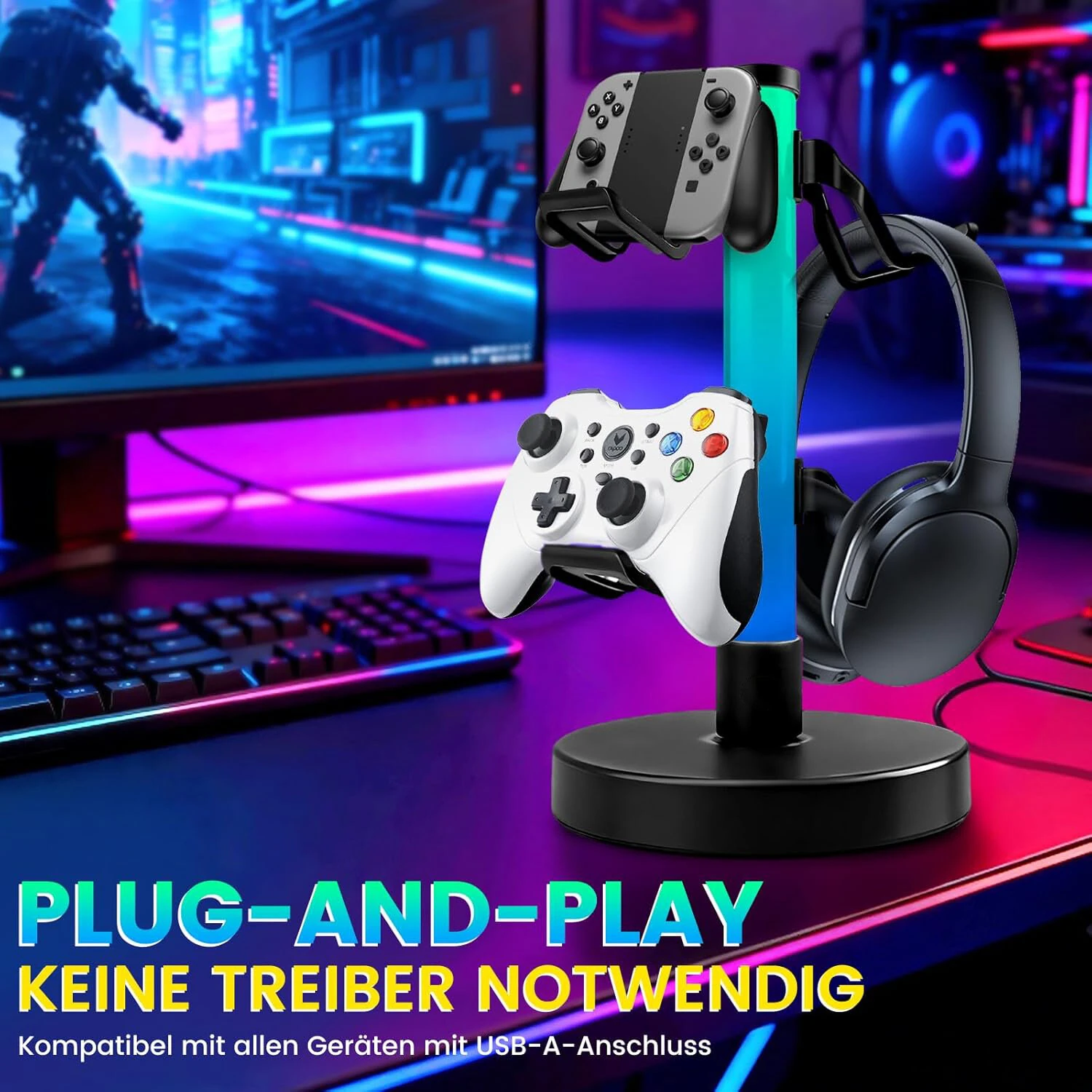 Elfeland Desktop RGB Headset Stand 17 Light Modes Controller Holder w/ USB LED Music Pickup Atmosphere Lamp Headset Game Handle Bracket — view 2