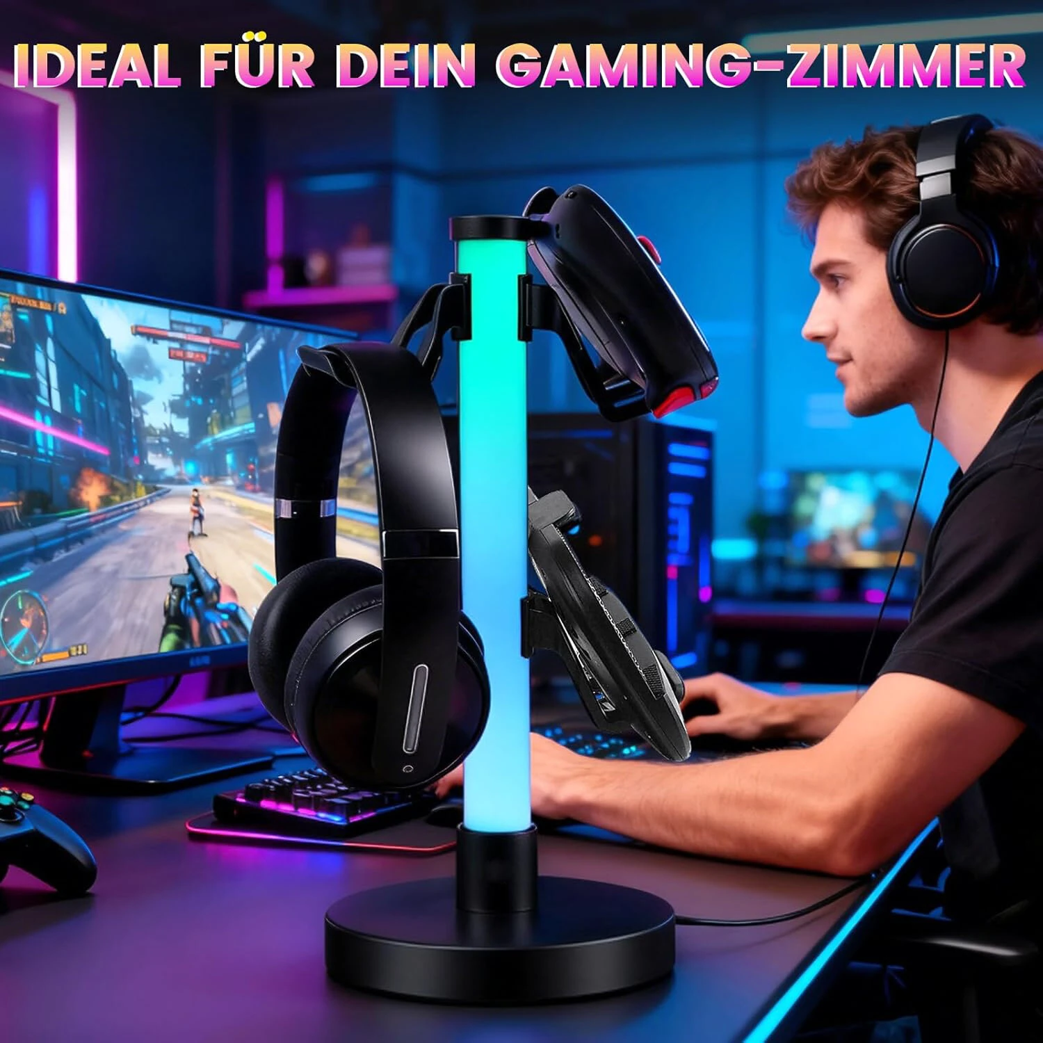 Elfeland Desktop RGB Headset Stand 17 Light Modes Controller Holder w/ USB LED Music Pickup Atmosphere Lamp Headset Game Handle Bracket — view 3