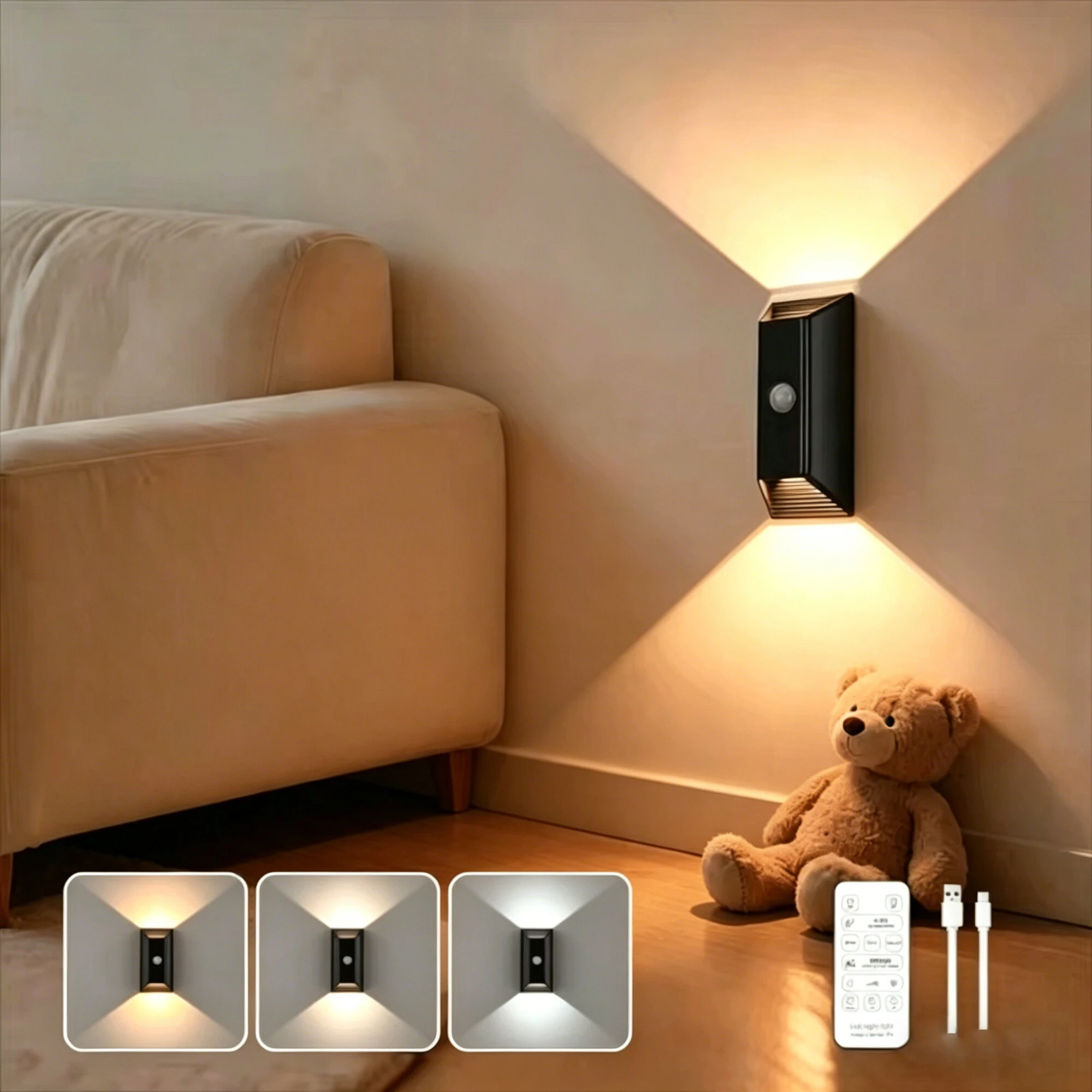 Elfeland Rechargeable LED Motion Sensor Wall Light with Remote Control Up & Down Glow 3 Color Temperatures Auto-Off Magnetic Night Lamp — view 8