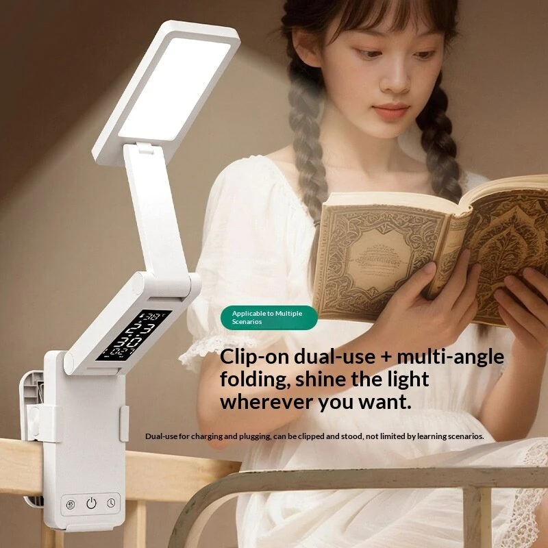 Elfeland USB Rechargeable Clip-on LED Desk Lamp 3 Color Temperatures 45 Minutes Timer LCD Display Portable Foldable Clock Desk Lamp for Indoor Rooms — view 4