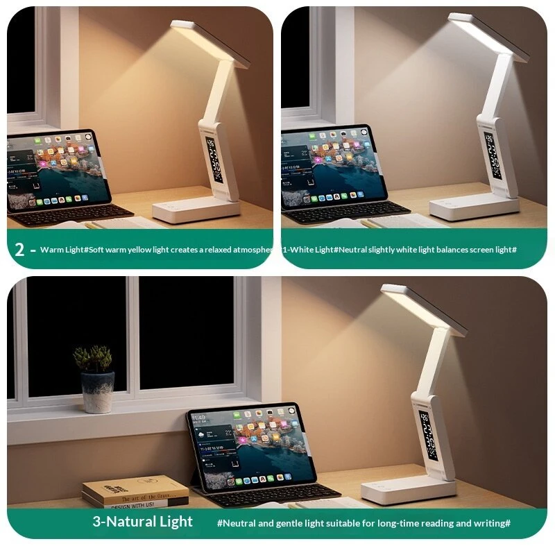 Elfeland USB Rechargeable Clip-on LED Desk Lamp 3 Color Temperatures 45 Minutes Timer LCD Display Portable Foldable Clock Desk Lamp for Indoor Rooms — view 6