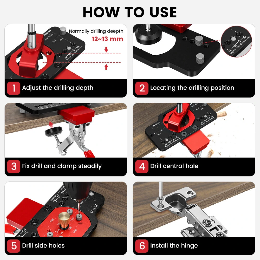 ENJOYWOOD Aluminum Alloy 35MM Hinge Boring Hole Drill Guide Hinge Jig with Clamp For Woodworking Cabinet Door Installation — view 5